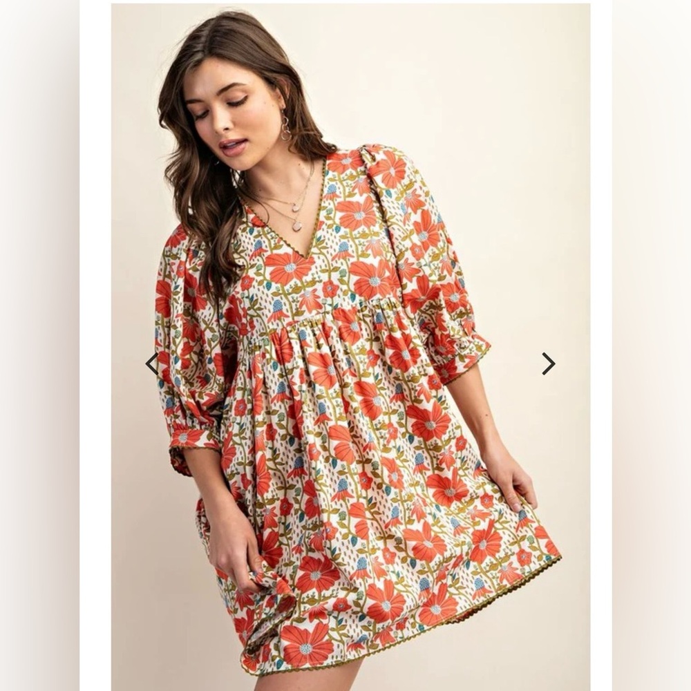 Gigio Coral Red Floral Puff Sleeve Mini Dress, size small - Picture 2 of 7